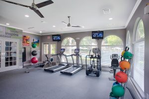 Fitness center with treadmills, tvs, balls/weights, rowing machine, stair step machine and cycle with large windows