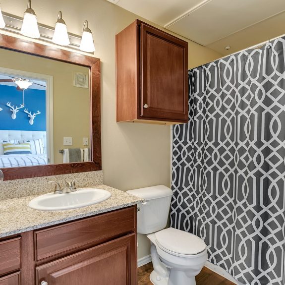 Bath with good lighting and cabinet above the toilet