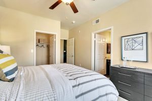 Bedroom with ceiling fan and closet
