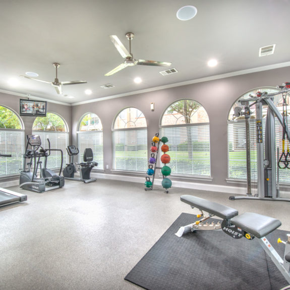 Fitness area with free weights, tv, lifting equipment, weighted balls, treadmills cycle and step machine