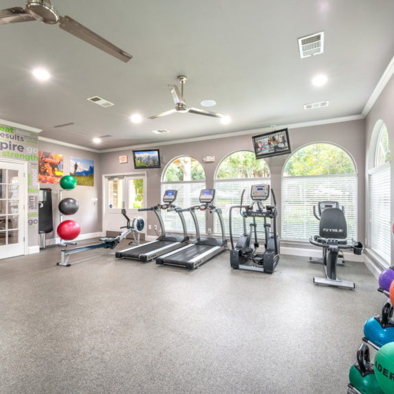 Fitness area with large windows, 2 treadmills, weighted balls, cycle, stair step machine, tvs, and rowing machine