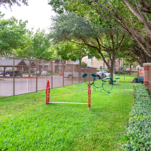 Bark Park area with Benches, obstacle courses, and nice tree coverage