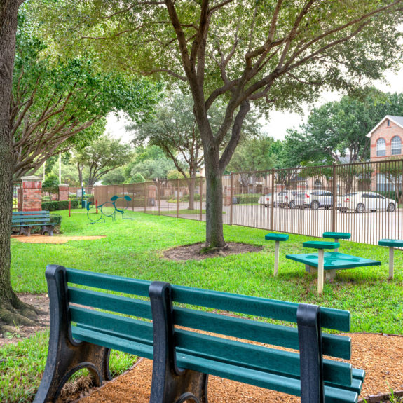 Bark Park area with Benches, obstacle courses, and nice tree coverage