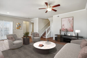 Open living room with large windows