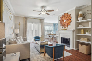 Living room with fire place and large windows